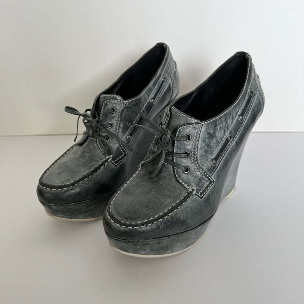 Joe’s Distressed Grey Leather Wedges, sz. 8